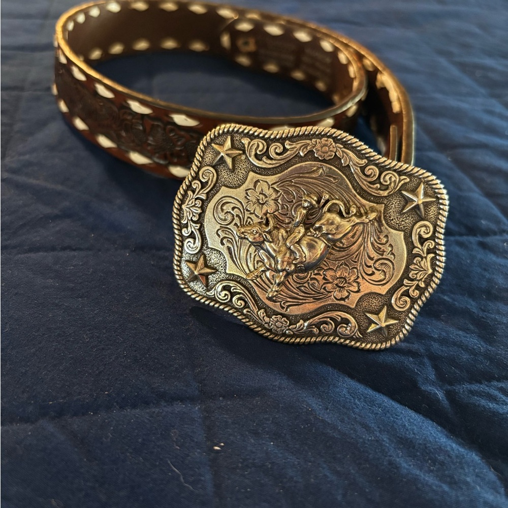 Little Boys Western Tooled Leather Belt with Ornate Gold-Tone Rodeo Buckle